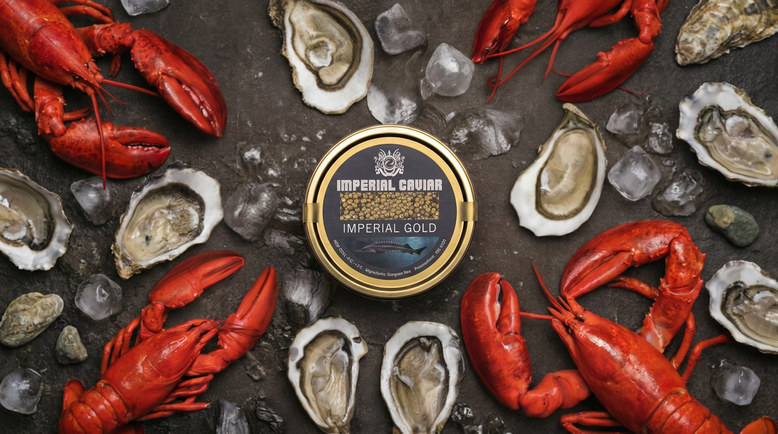 An open tin of Imperial Gold caviar on ice, ringed by lobster and oysters